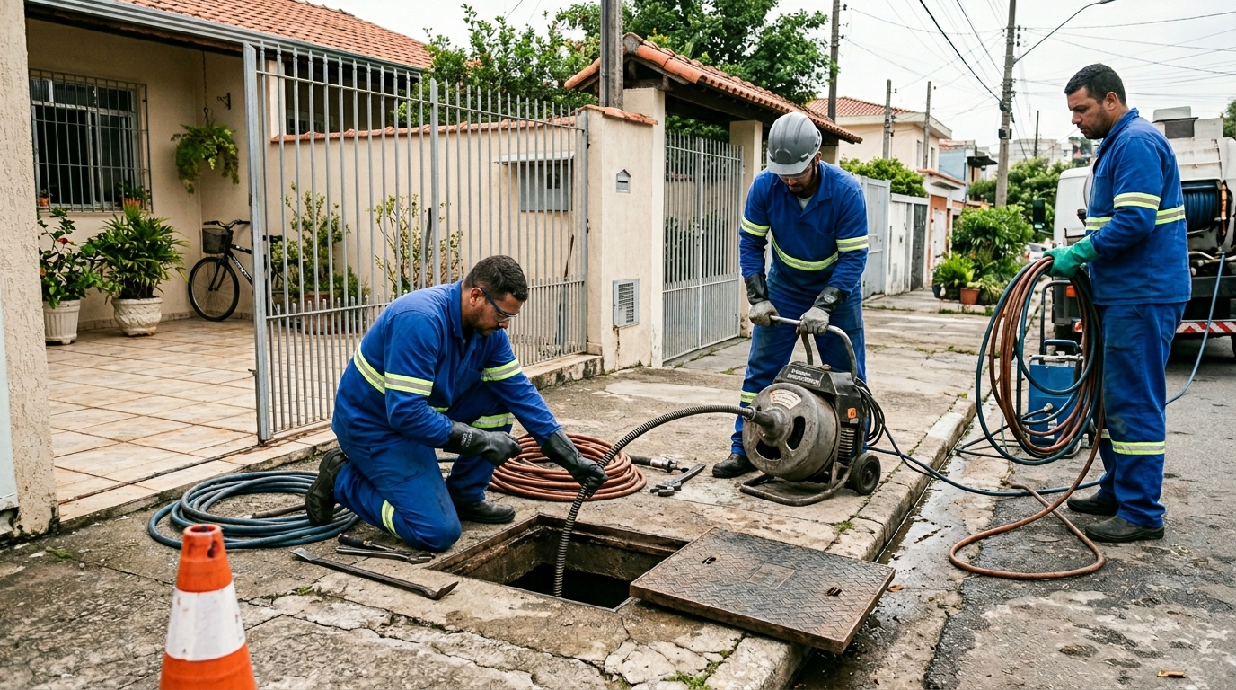 Equipe de desentupimento de esgoto em Aparecida de Goiânia-GO